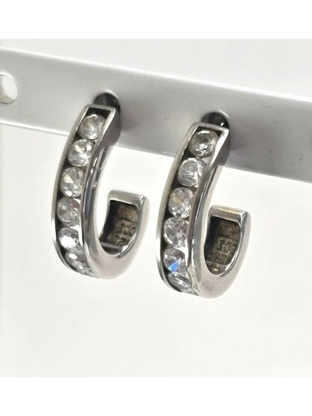 Sterling Silver Hoop Earrings With Cubic Zirconia Accents C-Shape Stud LI652